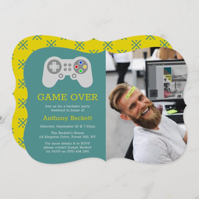 Modern Game Over Photo Bachelor Party Invitations (Front/Back)