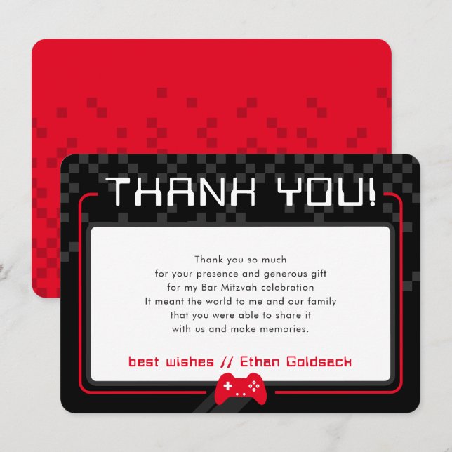 MODERN GAMING THANKS Bar Mitzvah cool black red Thank You Card (Front/Back)