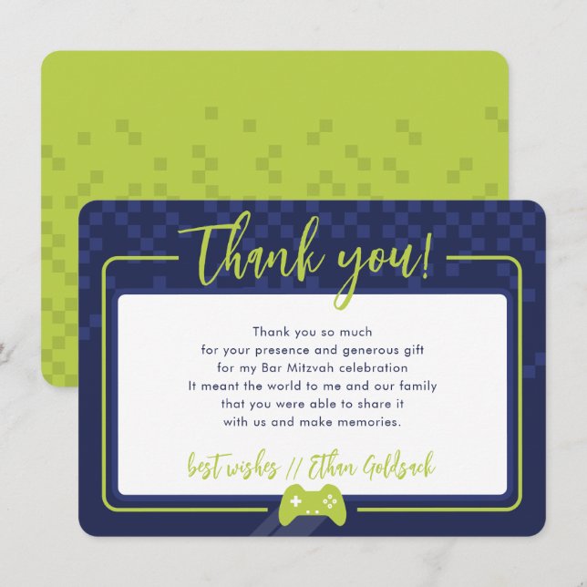 MODERN GAMING THANKS Bar Mitzvah navy blue lime Thank You Card (Front/Back)