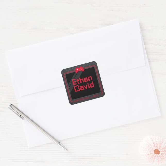 MODERN GAMING trendy cool fun red black Square Sticker (Envelope)