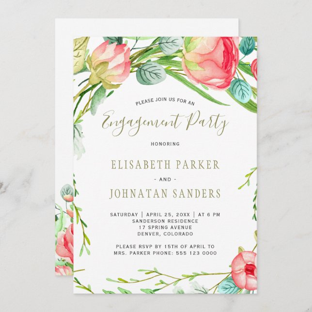 Modern garden elegant roses engagement party invitation (Front/Back)
