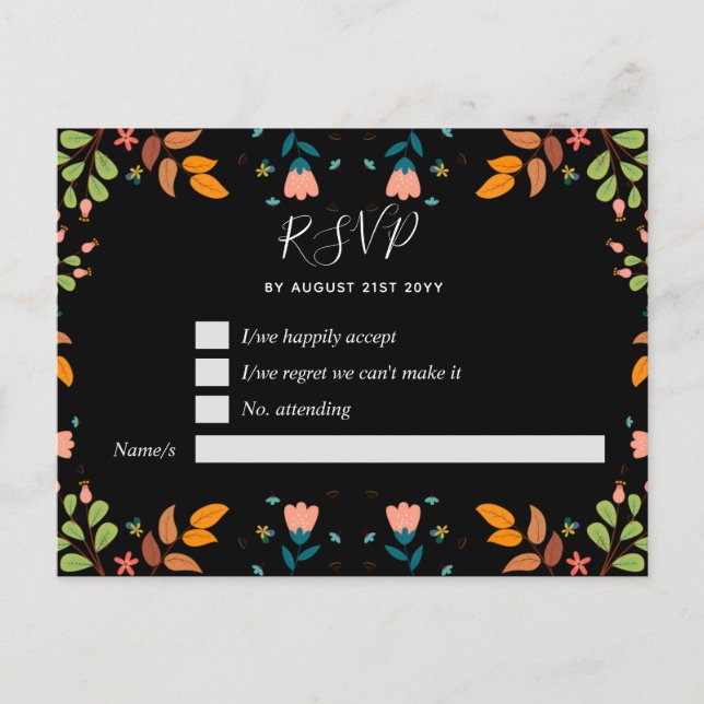 Modern Garden Fall leaves Black RSVP Postcard (Front)