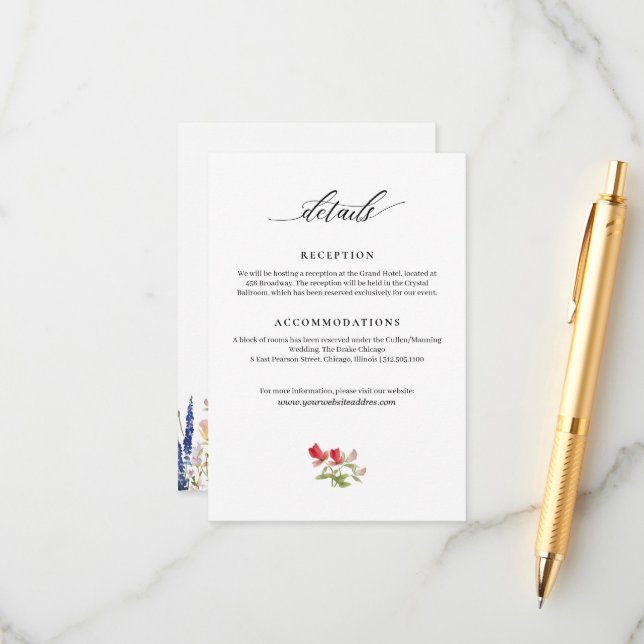 Modern Garden Flowers Handwritten Wedding Info Enclosure Card (Front/Back In Situ)