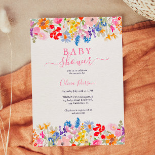 Modern garden wildflowers script baby shower invitation