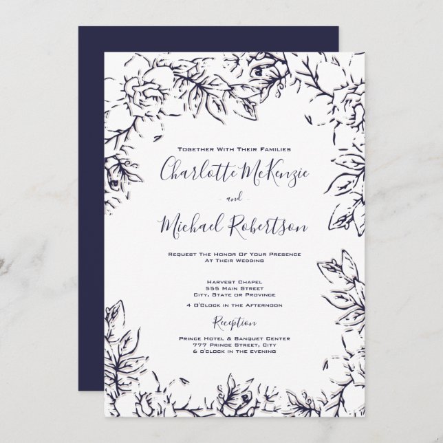 Modern, Gardenia Floral, Navy, Blush, Wedding Invitation (Front/Back)