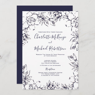 Modern, Gardenia Floral, Navy, Blush, Wedding Invitation