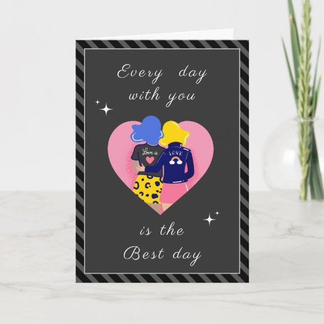 Modern Gay Couple LGBTQ Valentines Day Cute Grey Holiday Card (Front)