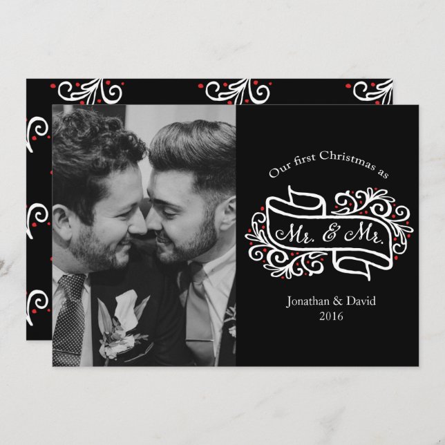 Modern Gay Newlywed Christmas Photo Greeting Invitation (Front/Back)