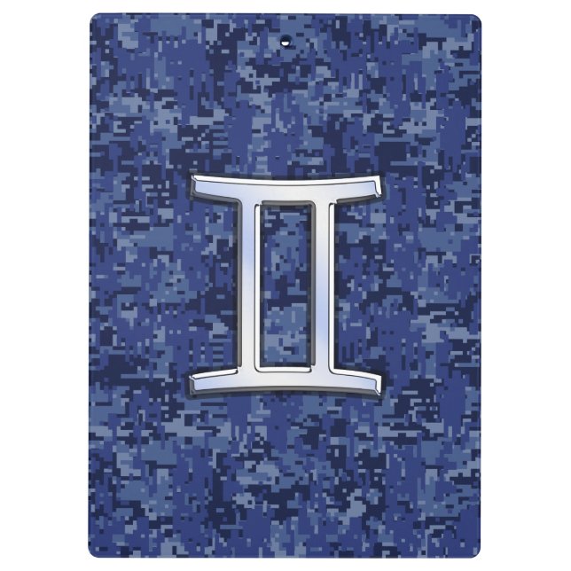 Modern Gemini Zodiac Sign Navy Blue Digital Camo Clipboard (Back)