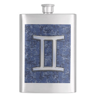 Modern Gemini Zodiac Sign Navy Blue Digital Camo Hip Flask