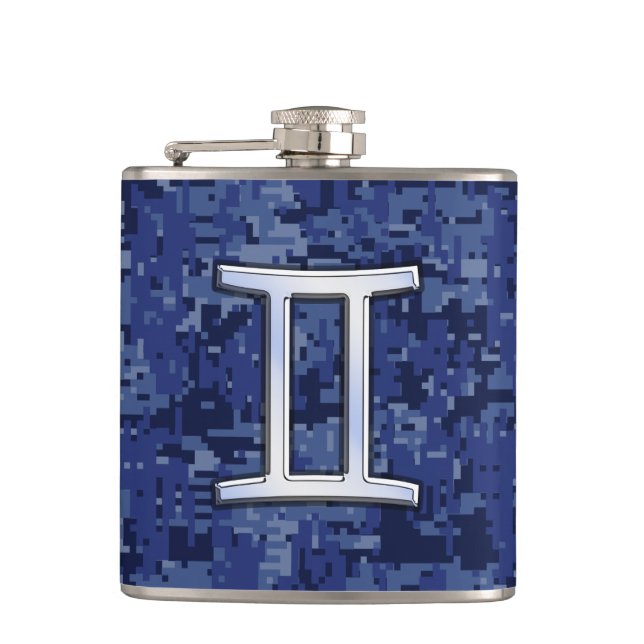 Modern Gemini Zodiac Sign Navy Blue Digital Camo Hip Flask (Front)