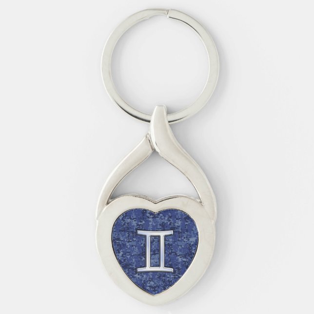Modern Gemini Zodiac Sign Navy Blue Digital Camo Key Ring (Front)