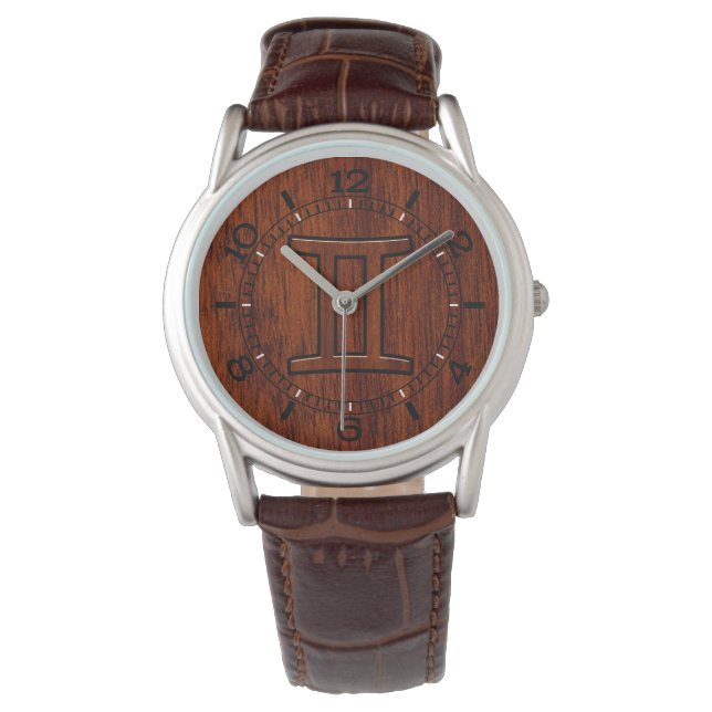 Modern Gemini Zodiac Symbol on Mahogany like Dial Watch (Front)