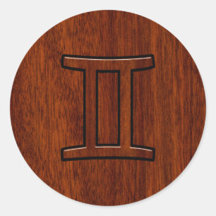 Modern Gemini Zodiac Symbol on Mahogany like print Classic Round Sticker