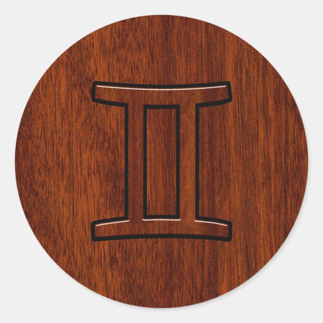 Modern Gemini Zodiac Symbol on Mahogany like print Classic Round Sticker (Front)