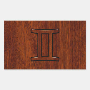 Modern Gemini Zodiac Symbol on Mahogany like print Rectangular Sticker