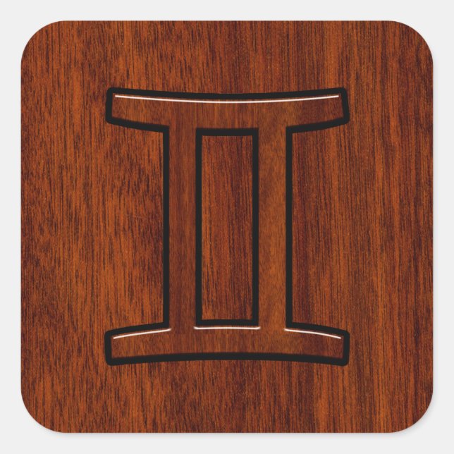 Modern Gemini Zodiac Symbol on Mahogany like print Square Sticker (Front)