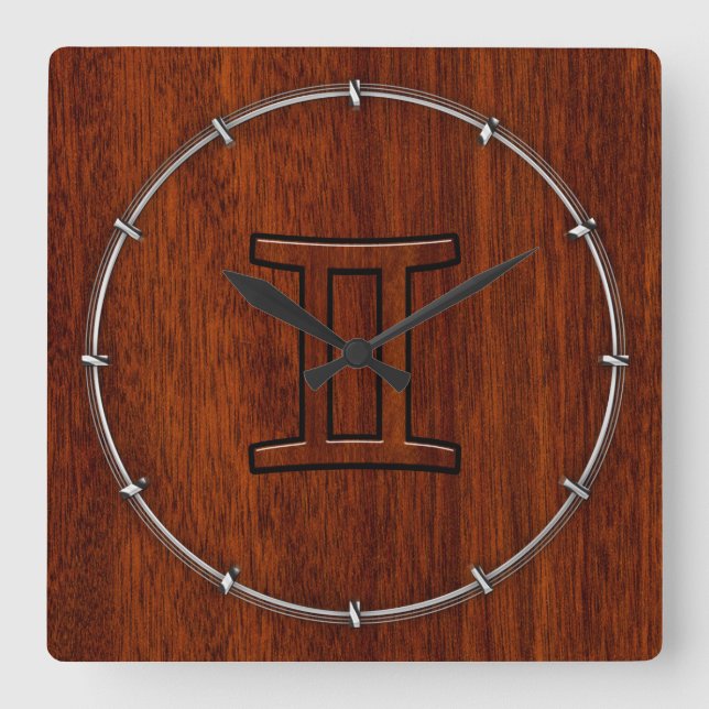 Modern Gemini Zodiac Symbol on Mahogany like print Square Wall Clock (Front)