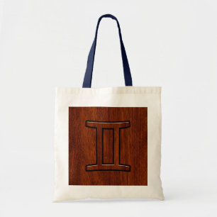 Modern Gemini Zodiac Symbol on Mahogany like print Tote Bag