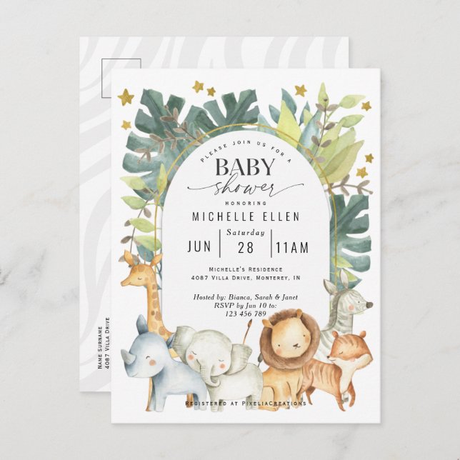Modern Gender neutral Safari jungle animals shower Invitation Postcard (Front/Back)