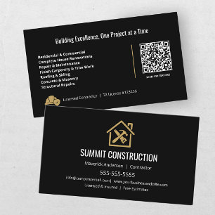 Modern General Contractor Black Gold QR Code Business Card