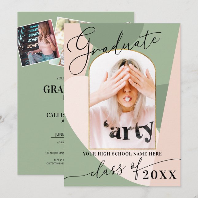 Modern Geo Sage Green Dusty Pink Photo Graduation Invitation (Front/Back)