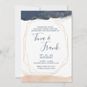 Modern Geometr Blue and Gold Engagement Invitation