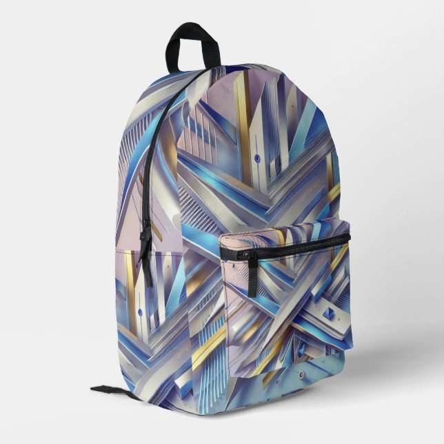 Modern Geometric Abstract Blue and Gold Printed Backpack (Back Corner Left)