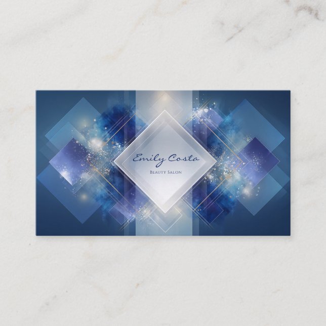 Modern Geometric Abstract Blue & Gold Glitter Business Card (Front)