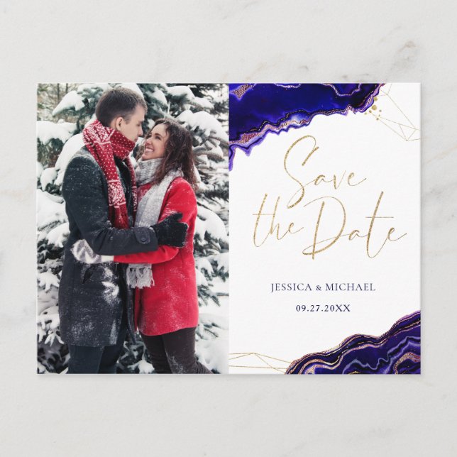 Modern Geometric Agate Blue Purple Save The Date Invitation Postcard (Front)
