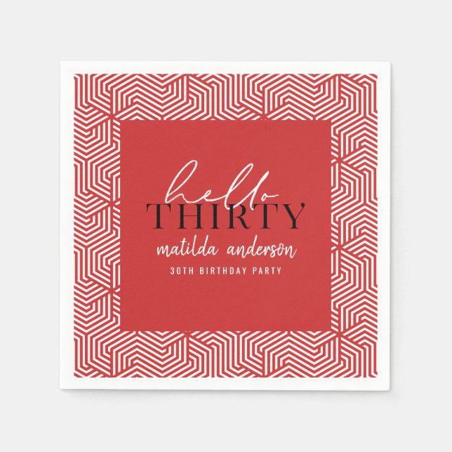 Modern geometric and script 30th birthday party napkin (Front)