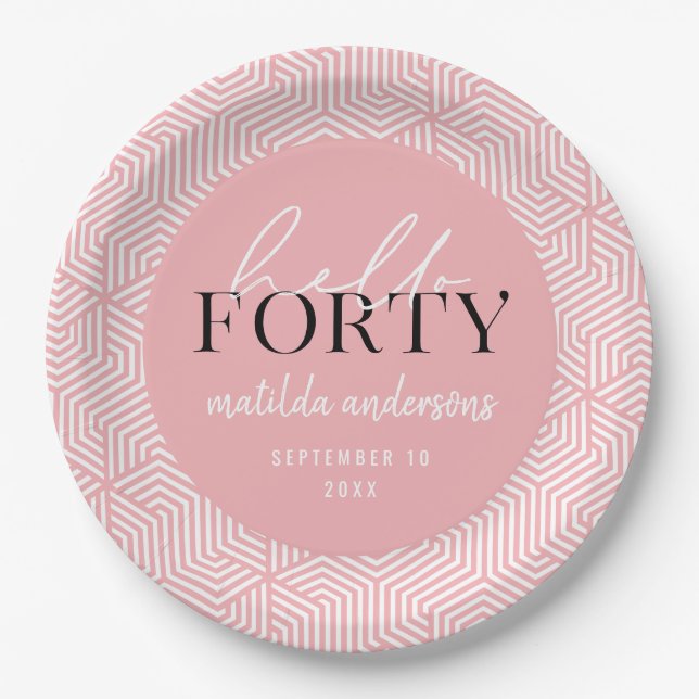 Modern geometric and script 40th birthday party paper plate (Front)