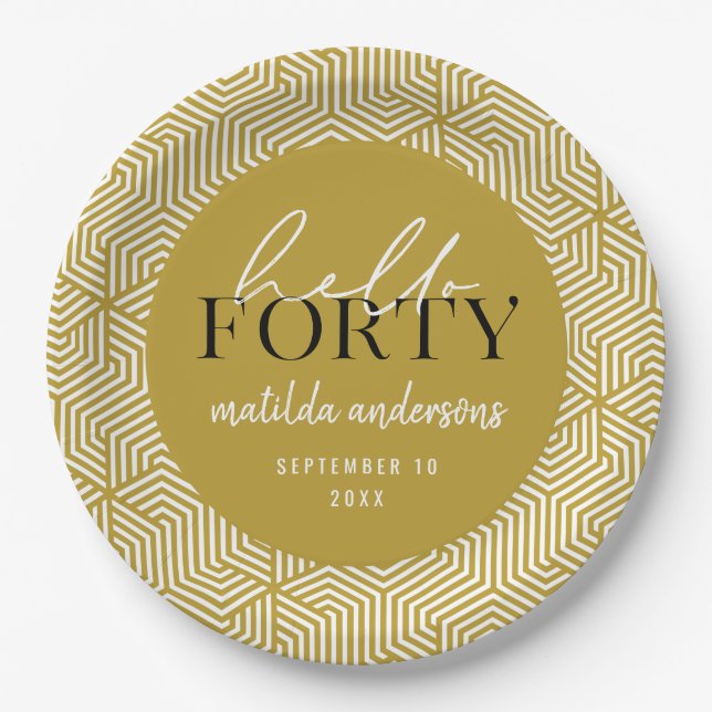 Modern geometric and script 40th birthday party paper plate (Front)