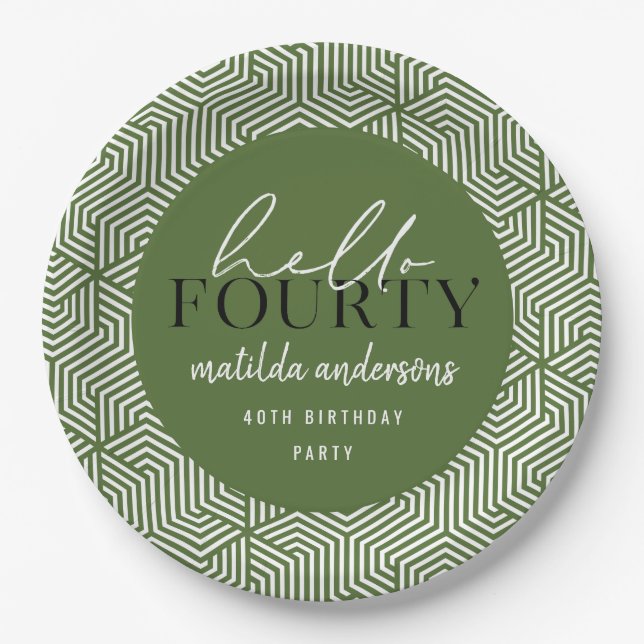 Modern geometric and script 40th birthday party paper plate (Front)