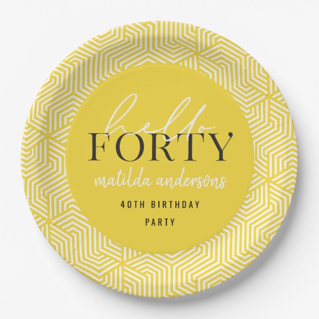 Modern geometric and script 40th birthday party paper plate (Front)