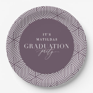 Modern geometric and script graduation party paper plate