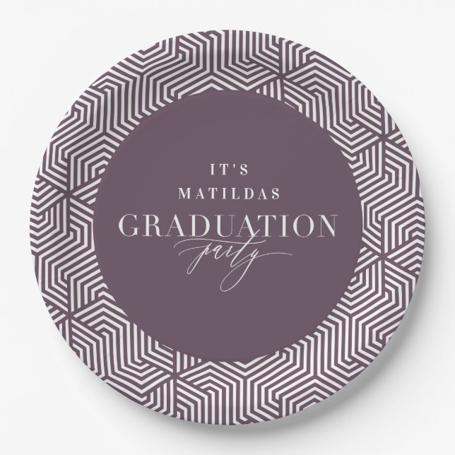 Modern geometric and script graduation party paper plate (Front)