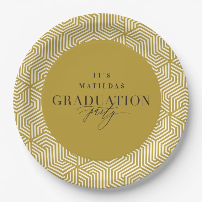 Modern geometric and script graduation party paper plate (Front)