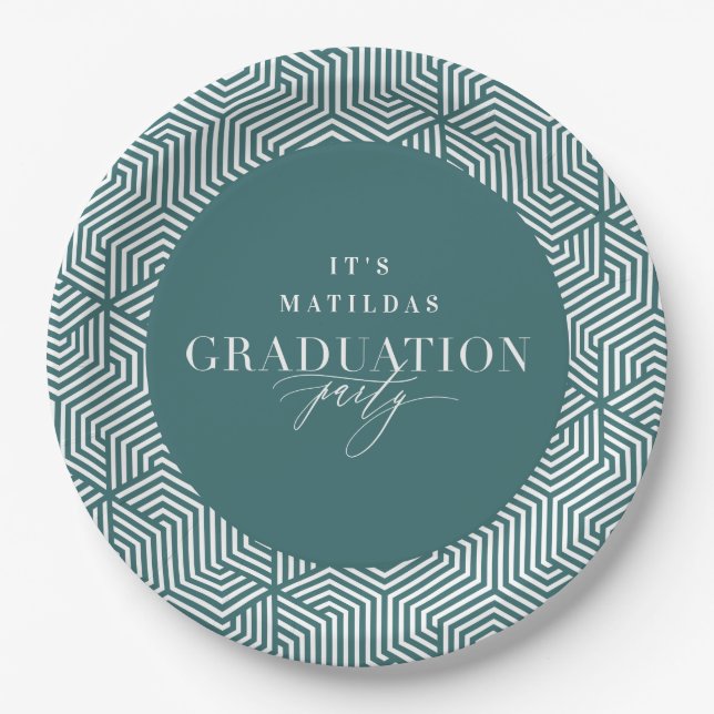 Modern geometric and script graduation party paper plate (Front)