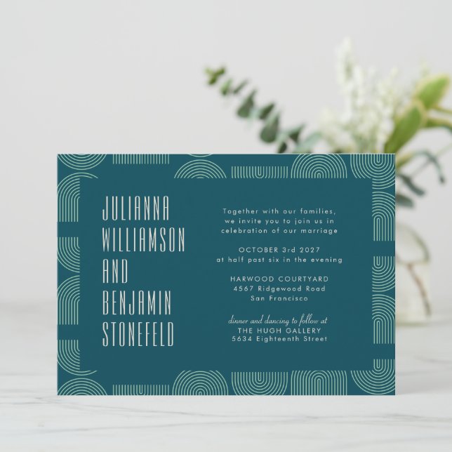 Modern Geometric Arch Lines Teal Blue Wedding Invitation (Standing Front)