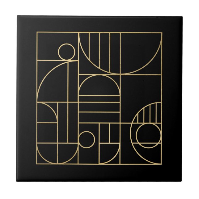 Modern Geometric Art Deco Faux Gold/Black Ceramic Tile (Front)