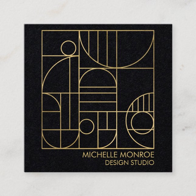Modern Geometric Art Deco Faux Gold/Black Paper Square Business Card (Front)