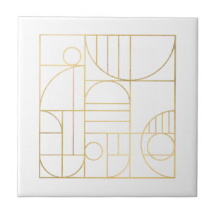Modern Geometric Art Deco Faux Gold/White Designer Ceramic Tile