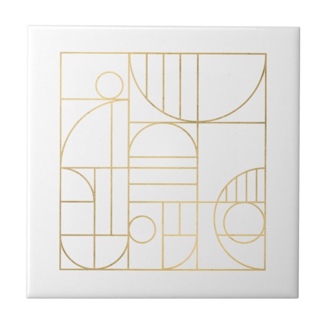 Modern Geometric Art Deco Faux Gold/White Designer Ceramic Tile (Front)