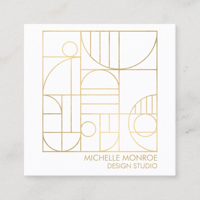Modern Geometric Art Deco Faux Gold/White Designer Square Business Card (Front)