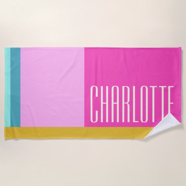 Modern Geometric Art Personalised Blue Pink Yellow Beach Towel (Front)