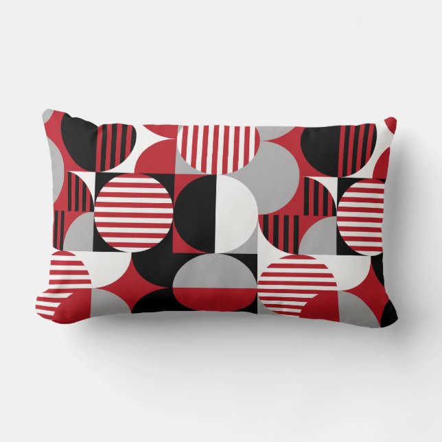 Modern Geometric Bauhaus, Black, Red, Grey Lumbar Cushion (Front)