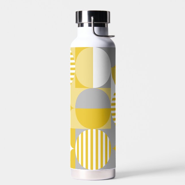 Modern Geometric Bauhaus, Mustard Yellow, Grey Water Bottle (Left)