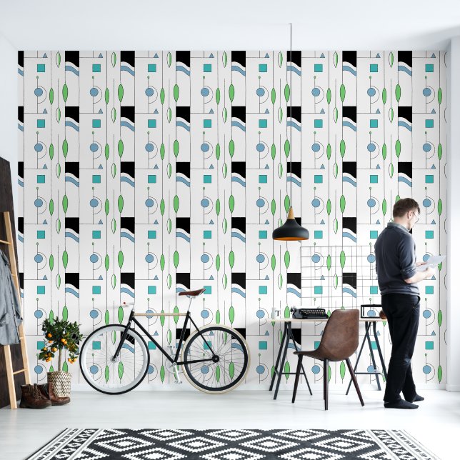 Modern Geometric Black and White Blue Wallpaper (Living Room)