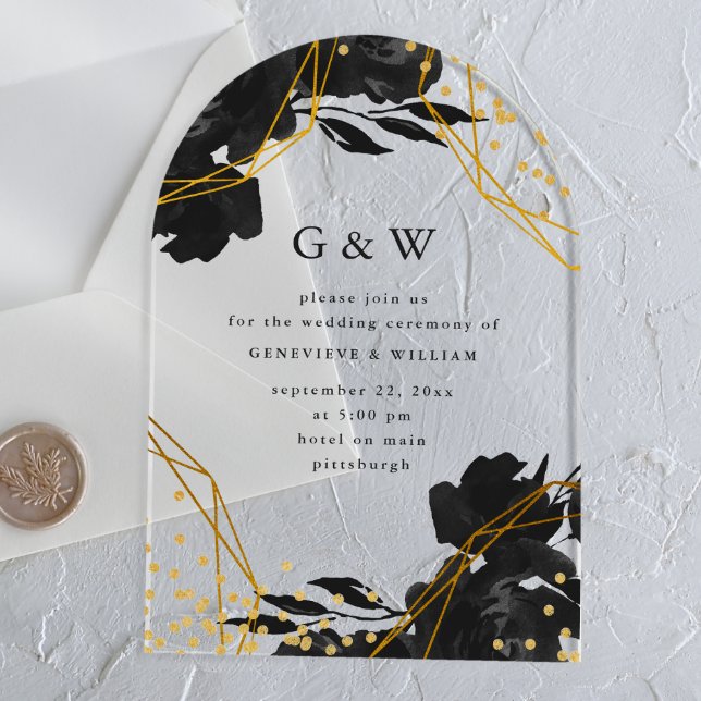 Modern Geometric Black Floral Monogram Wedding Acrylic Invitations (Creator Uploaded)